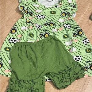 John Deere Green Tractor Dress & Ruffle Shorts Set boutique branded not John Dee